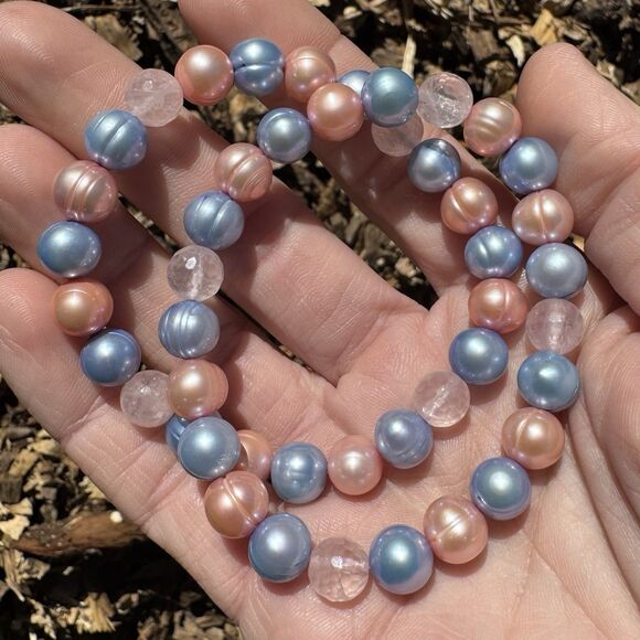 Honora 2 Freshwater Pearl Stretch Bracelets Set, Pink Blue & Faceted Rose Quartz - Picture 3 of 6